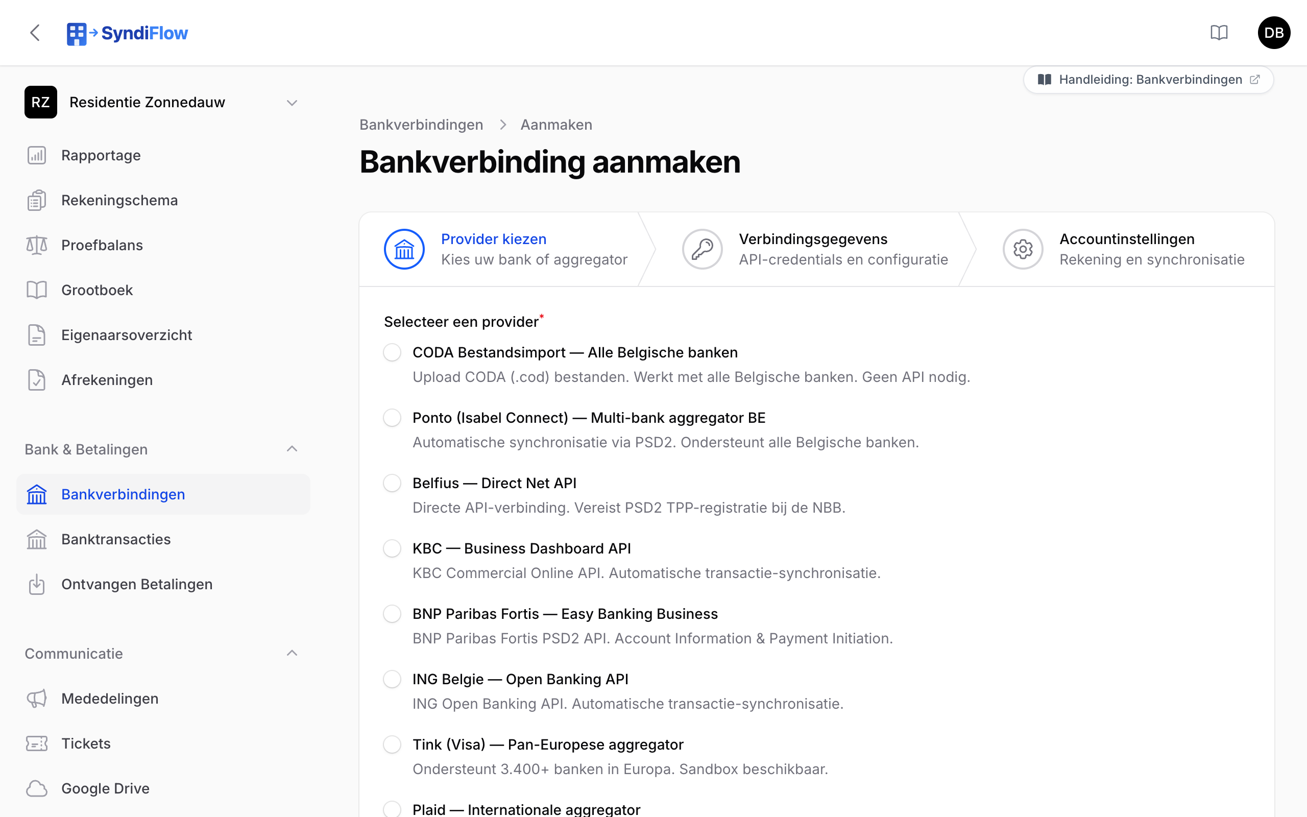 Wizard voor een nieuwe bankverbinding, stap Provider kiezen
