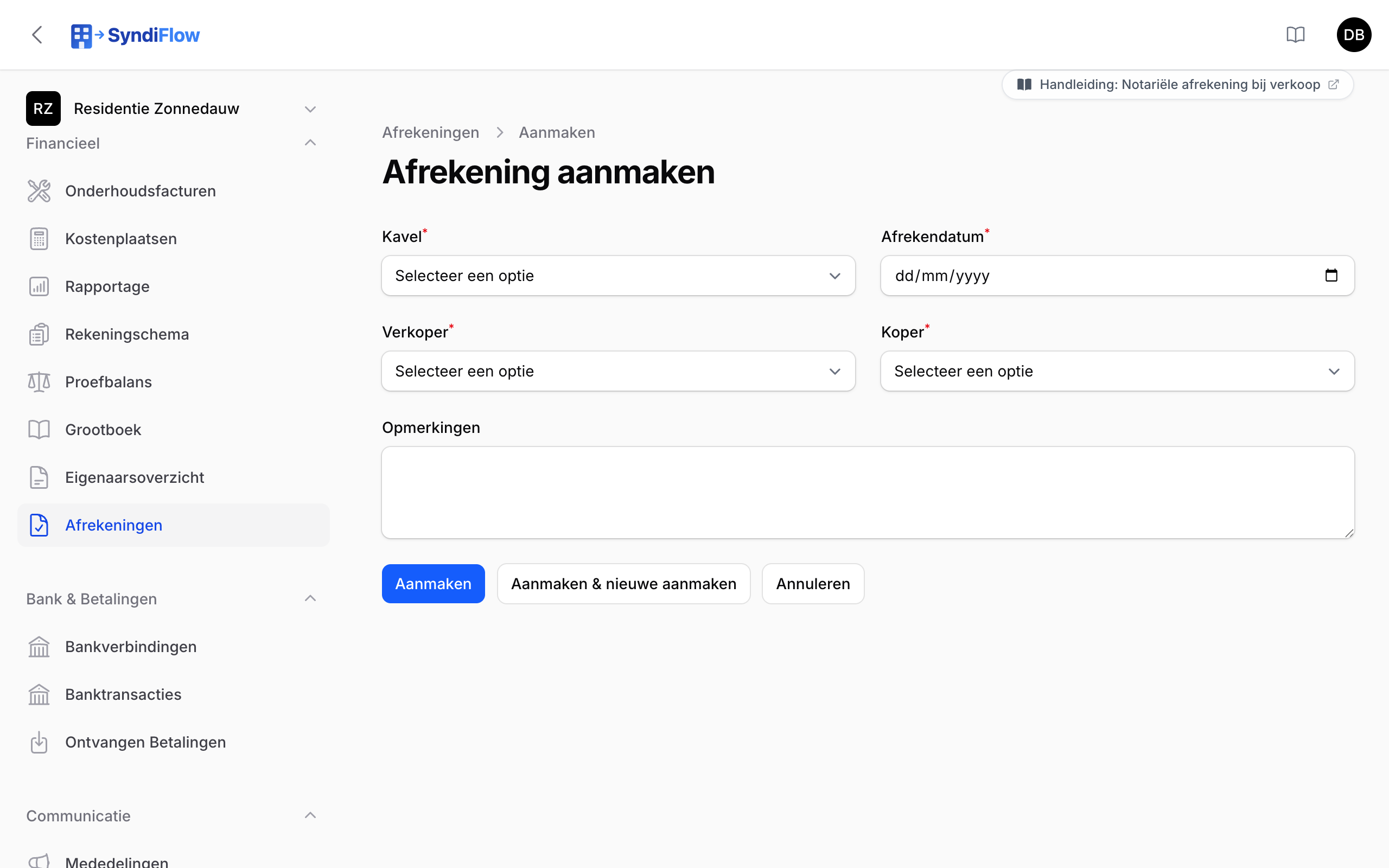 Formulier voor een nieuwe afrekening met kavel, afrekendatum, verkoper en koper