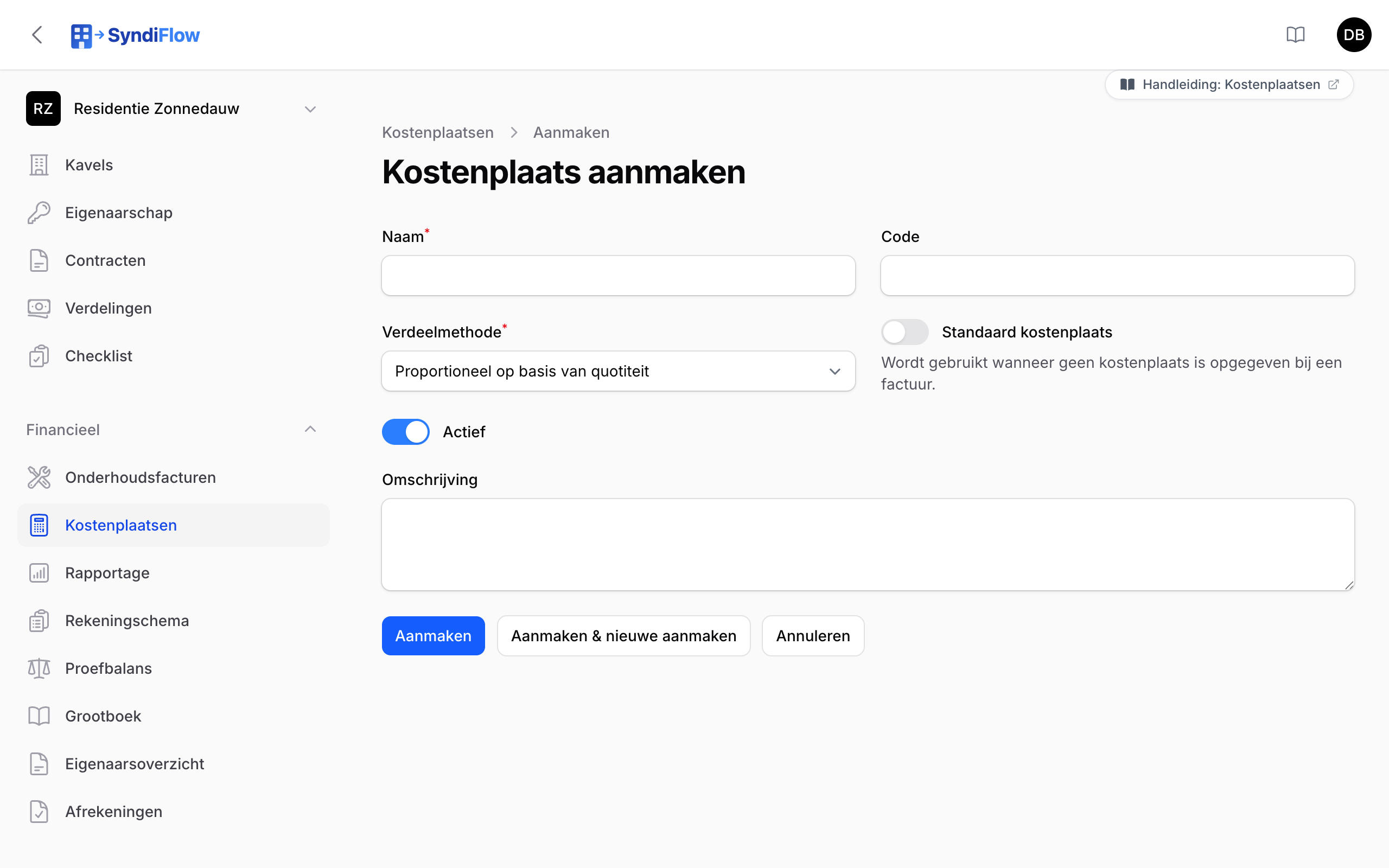 Formulier om een kostenplaats aan te maken