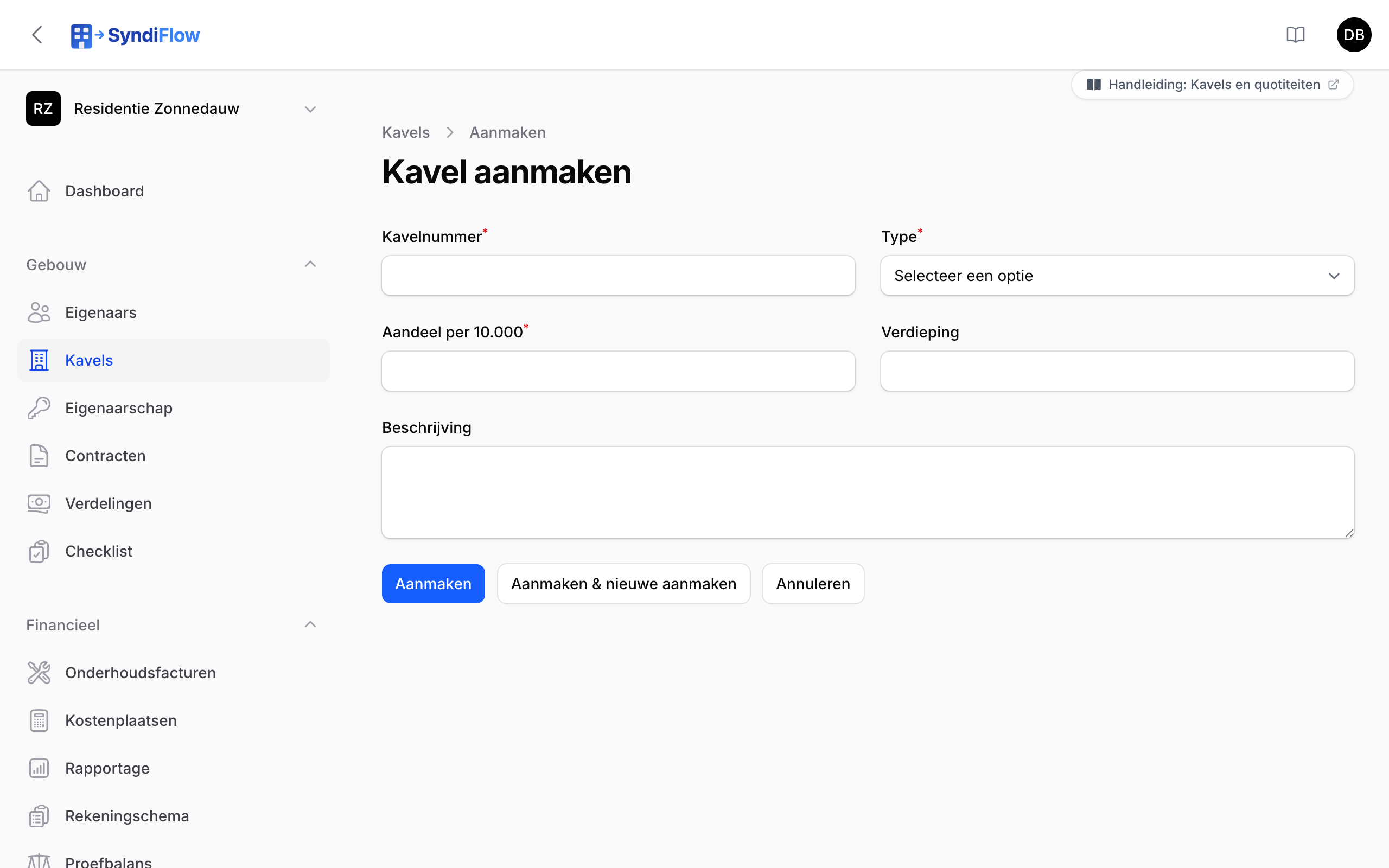 Het formulier voor een nieuwe kavel met kavelnummer, type, aandeel per 10.000 en verdieping
