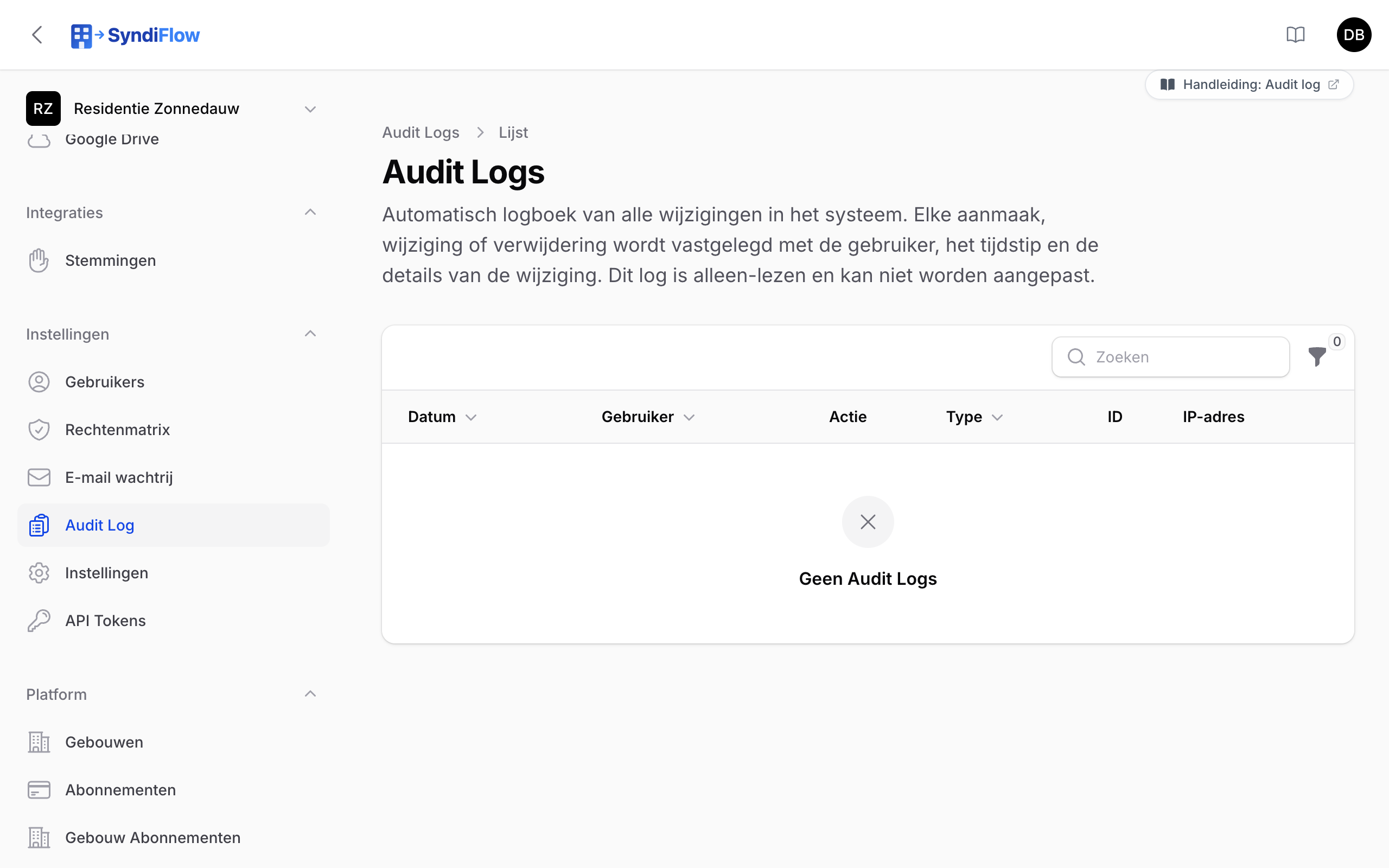 Het audit log met datum, gebruiker, actie, type en IP-adres