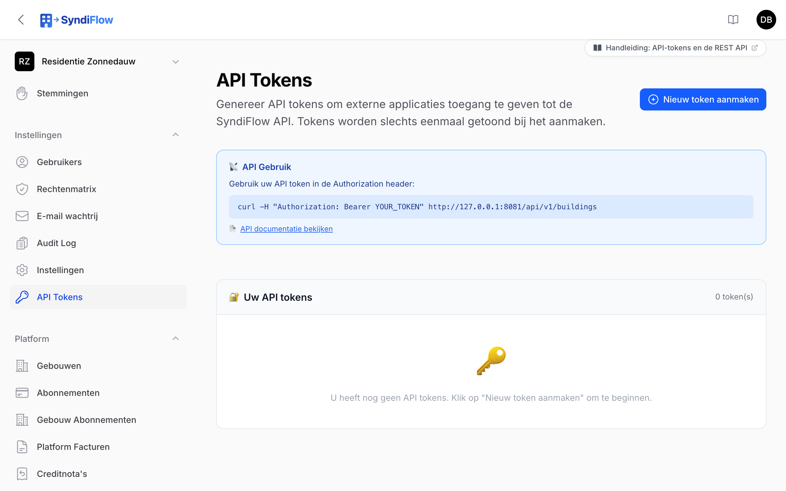 De pagina API Tokens met een nieuw aangemaakt token en de lijst van bestaande tokens
