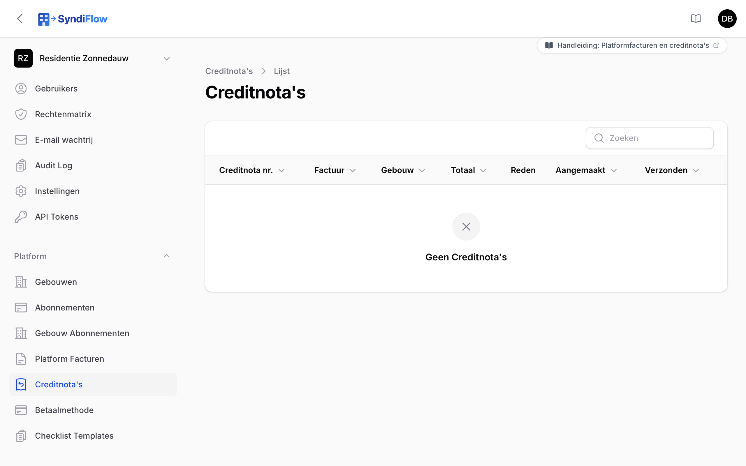 De lijst van creditnota's met nummer, factuur, gebouw, totaal en reden