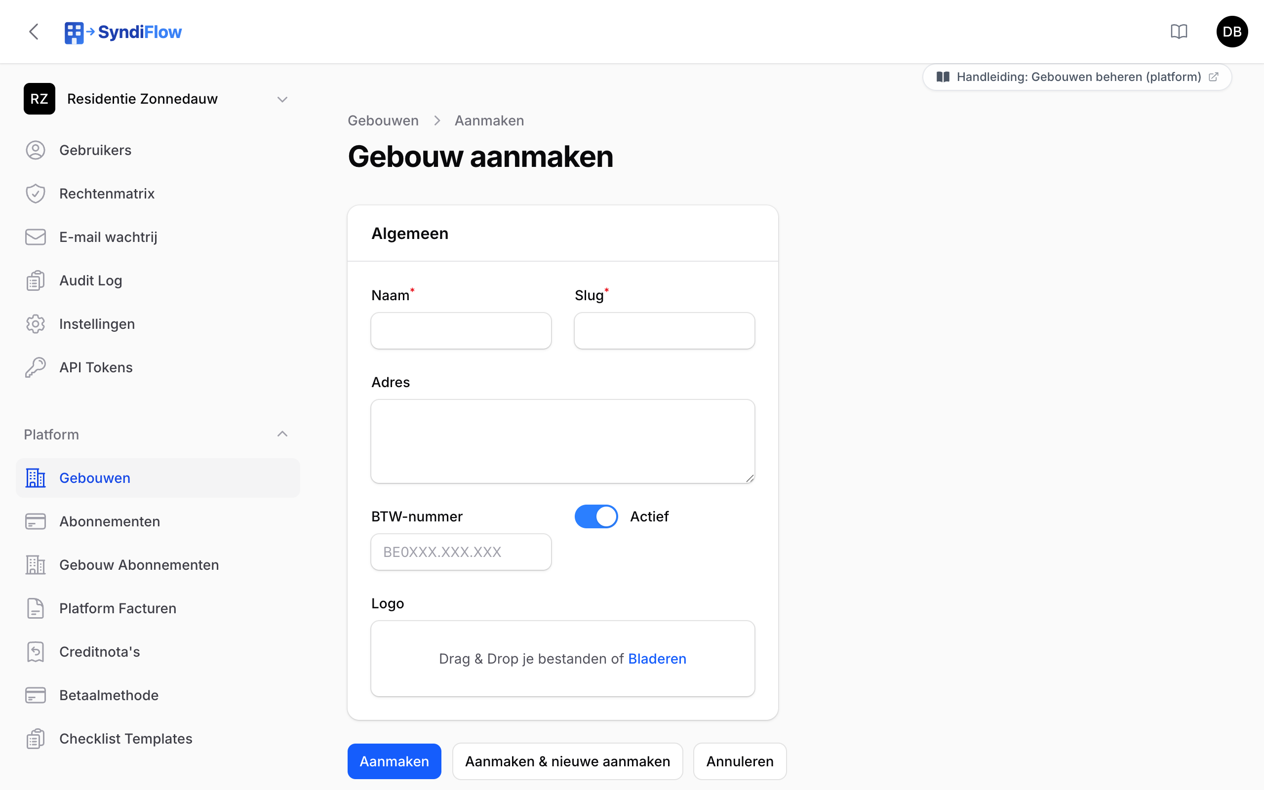 Het formulier voor een nieuw gebouw met naam, slug, adres, BTW-nummer, Actief en logo